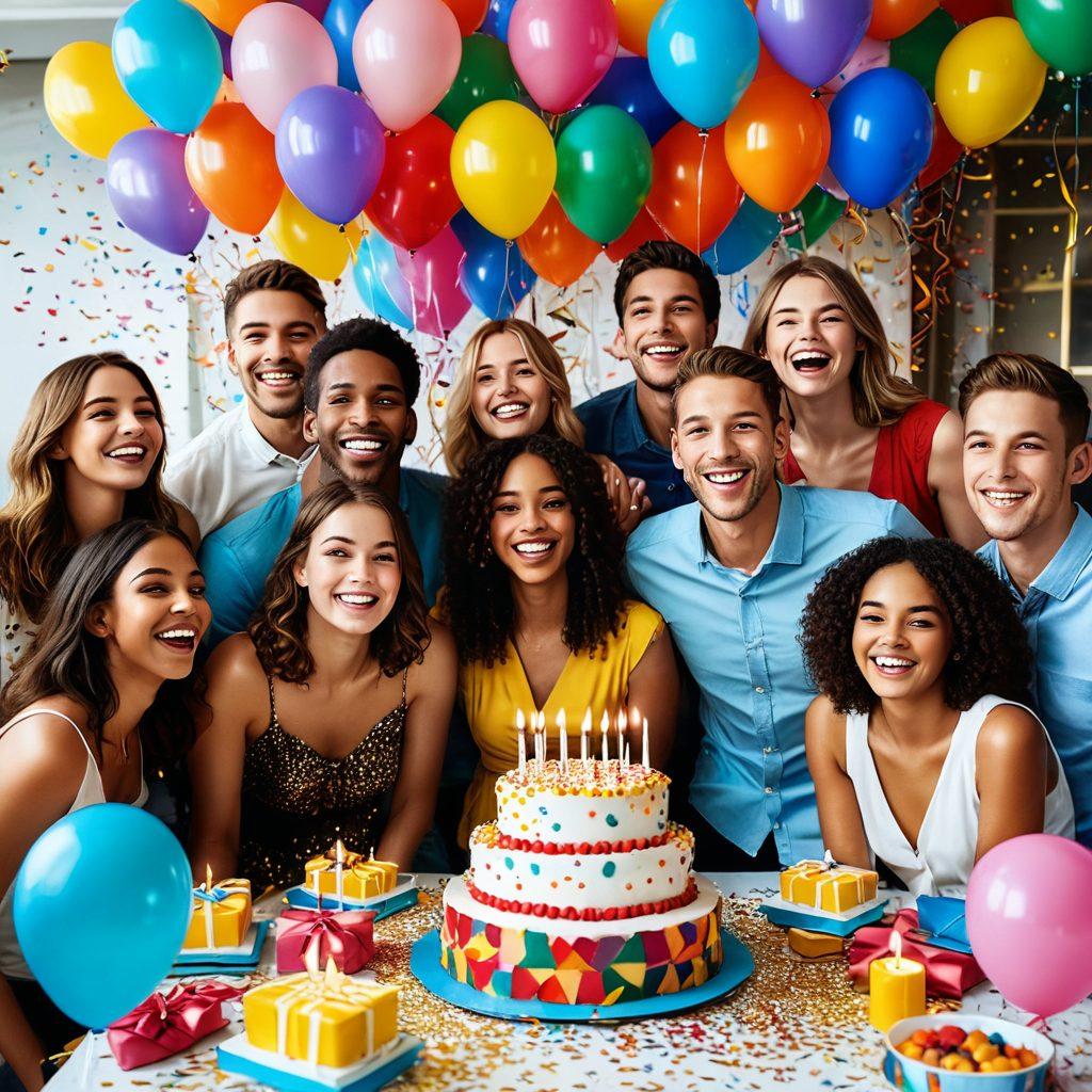A vibrant, festive scene depicting a beautifully decorated birthday party with colorful balloons, a lavish cake, and sparkling lights. Showcase a diverse group of people laughing and enjoying together, surrounded by gifts and confetti. The background should have a lively atmosphere with streamers and banners that say 'Happy Birthday!' in elegant fonts. Capture the essence of joy and celebration. super-realistic. vibrant colors. festive atmosphere.