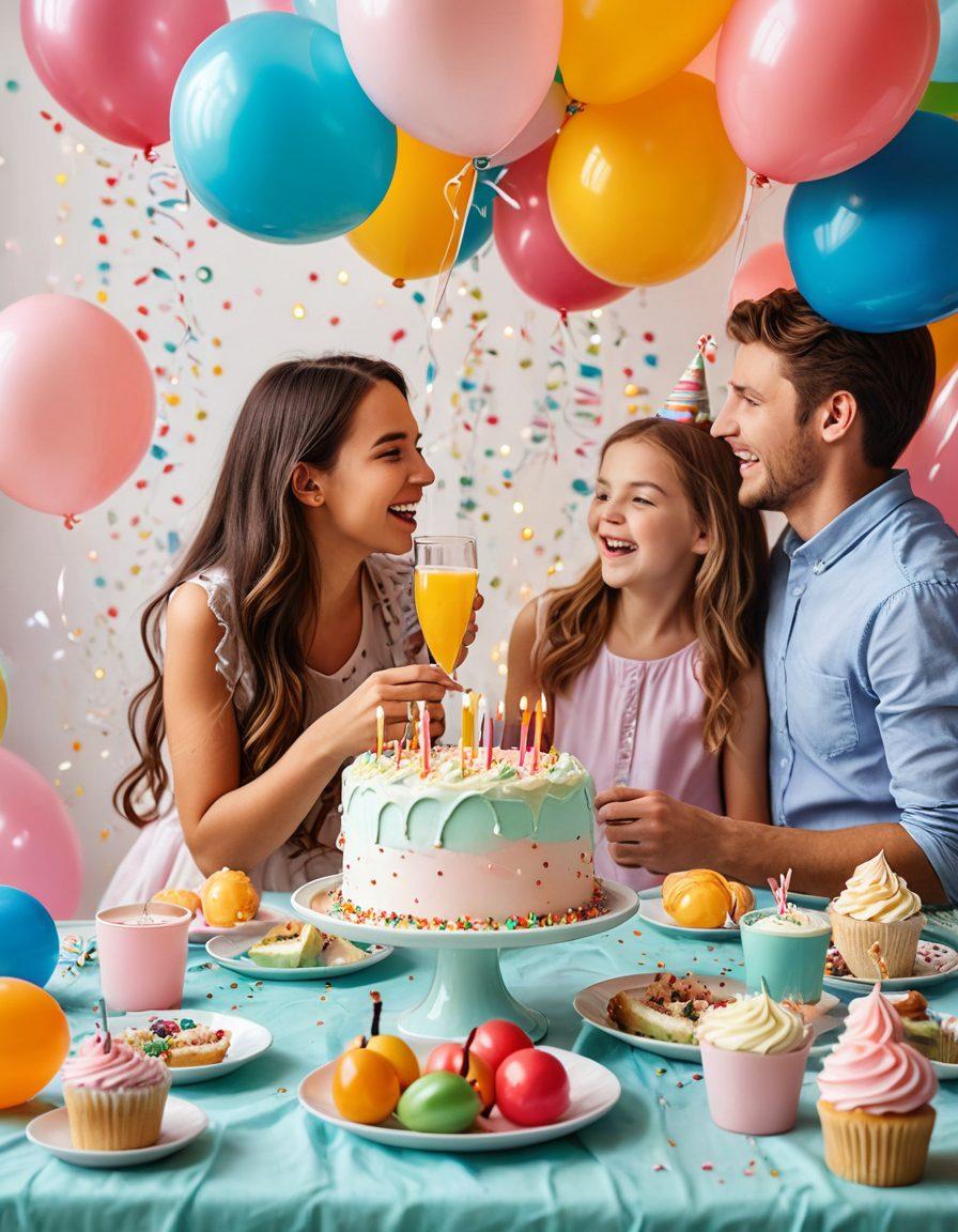A vibrant birthday party scene with colorful balloons, a beautifully decorated cake, and joyful guests laughing and celebrating. Incorporate soft pastel colors for a warm and inviting atmosphere, with fairy lights twinkling in the background. Capture moments of happiness like children playing and friends toasting with drinks. super-realistic. vibrant colors. cheerful ambiance.