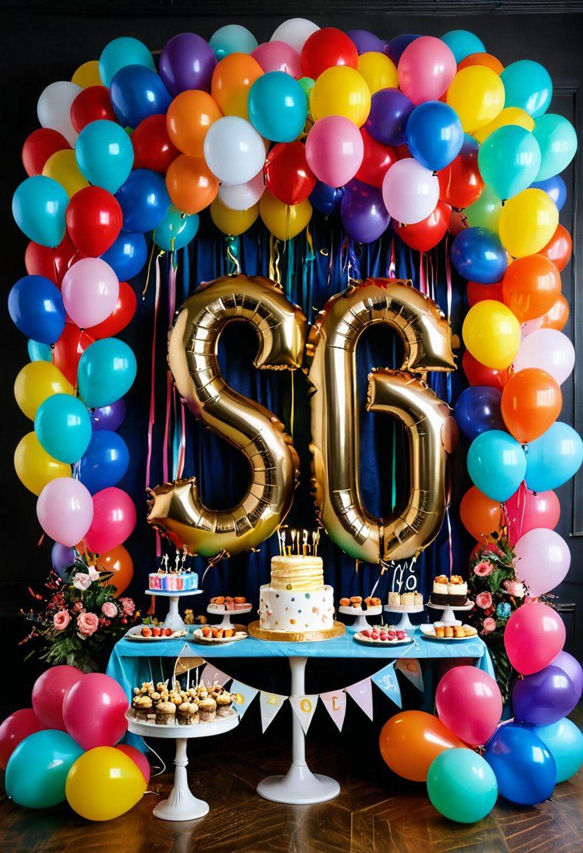 A vibrant and festive birthday party scene with a beautifully decorated cake featuring the number 16, colorful balloons, and cheerful friends celebrating. Incorporate a sparkling backdrop of fairy lights and a big 'Sweet Sixteen' banner. Show joyful expressions on the faces of the party-goers, with stylish outfits and fun party accessories. Add a table filled with party treats and a DJ setup in the background. super-realistic. vibrant colors. celebratory atmosphere.